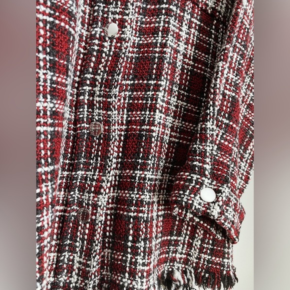 Forever21 Plaid Check Shacket Oversize Shirt Tweed Red Jacket Boucle Fray Fringe - Picture 5 of 10
